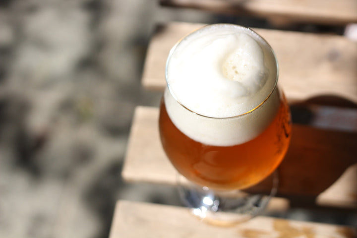 summer saison beer poured into a glass on a beach with driftwood