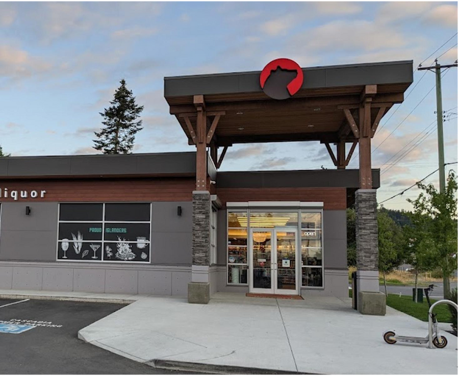 Cascadia Liquor Parksville storefront with a modern architectural design, featuring large windows and a canopy entrance.