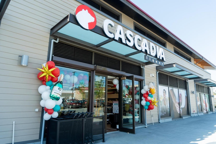 Cascadia Liquor Royal Bay storefront with colourful balloon decorations.
