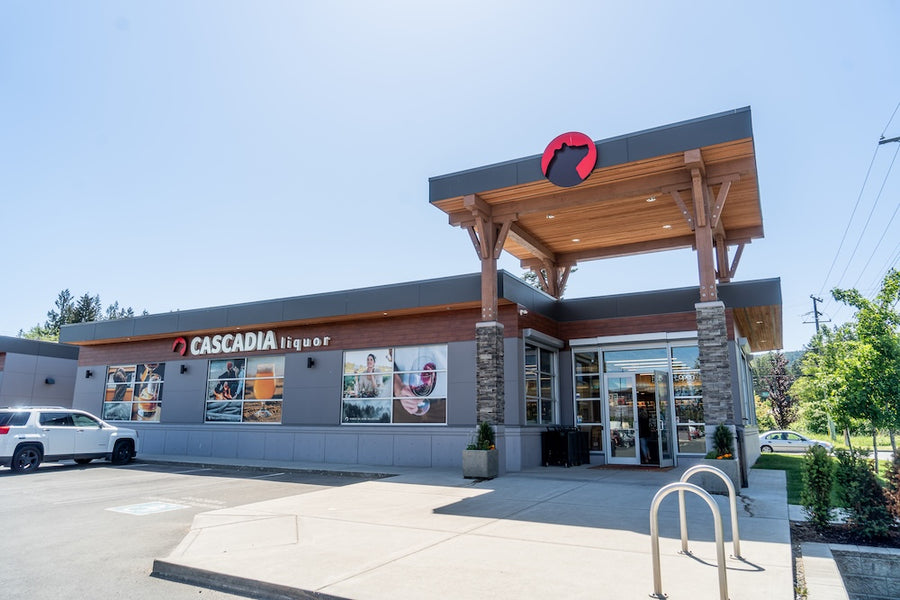 Cascadia Liquor Parksville storefront with a modern architectural design, featuring large windows and a canopy entrance.